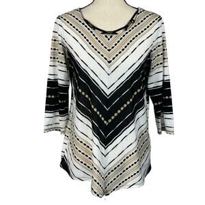 Alfred Dunner Small Top Geometric Stretch 3/4 Sleeve Round Neck Semi-Sheer Multi